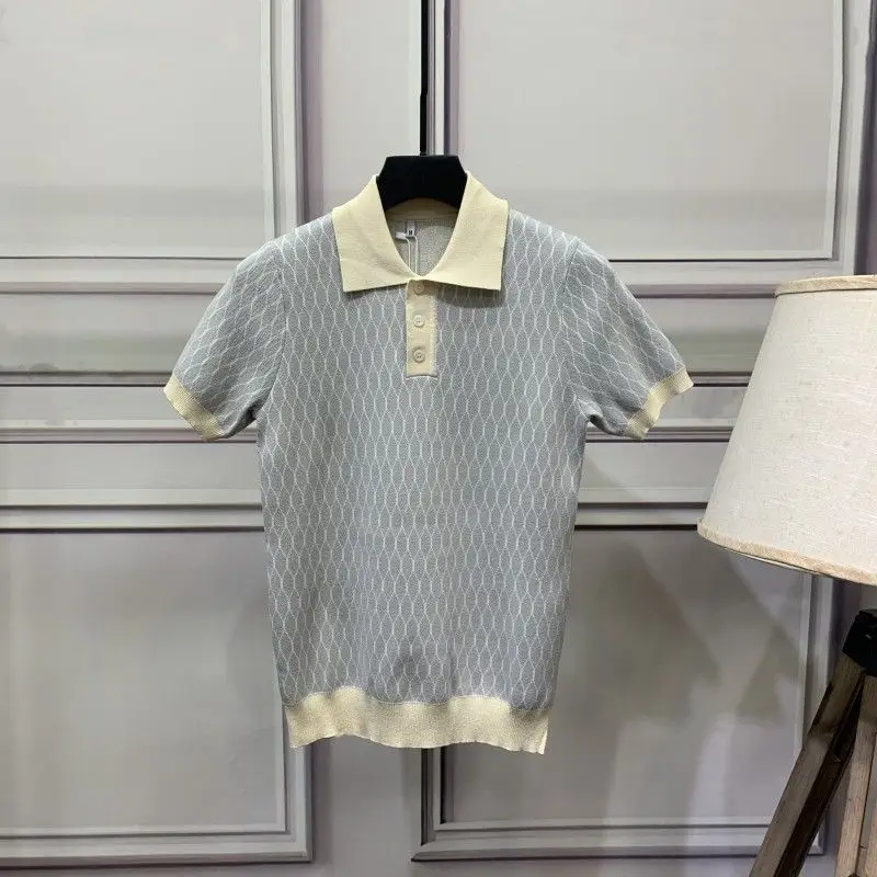 Kontrastfarbe Diamant Eis Seide Kurzarm T-Shirt Herrenmode trendige Marke schlanke vielseitige lässige Strickpullover Top