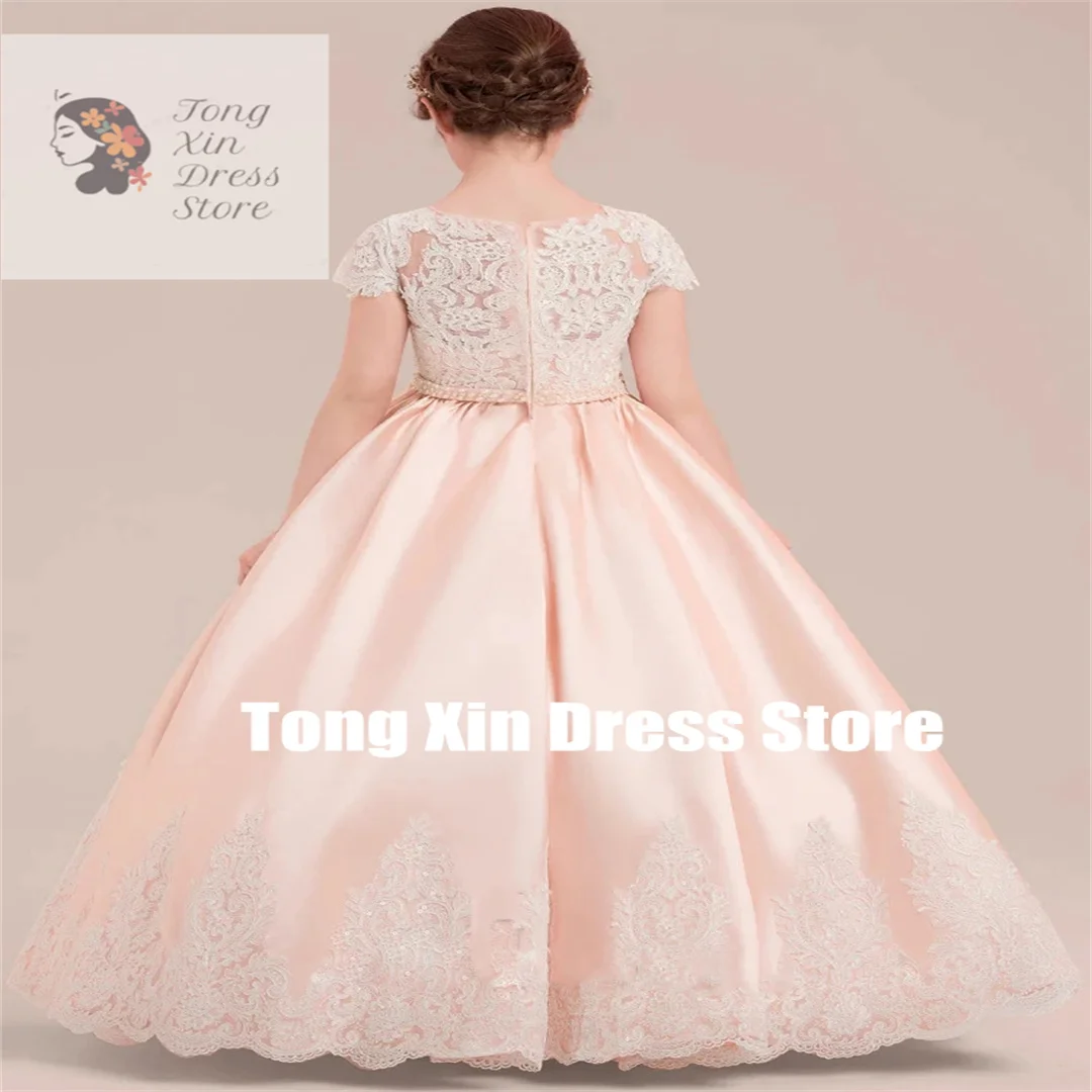 Vestidos florais personalizados para meninas, blush, cetim branco, bordado, manga curta, para casamento, festa de aniversário, banquete, comunhão sagrada