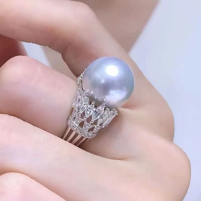 Gorgeous Huge AAA11-10mm Round Natural Akoya White Women's Pearl Ring 925 Silver