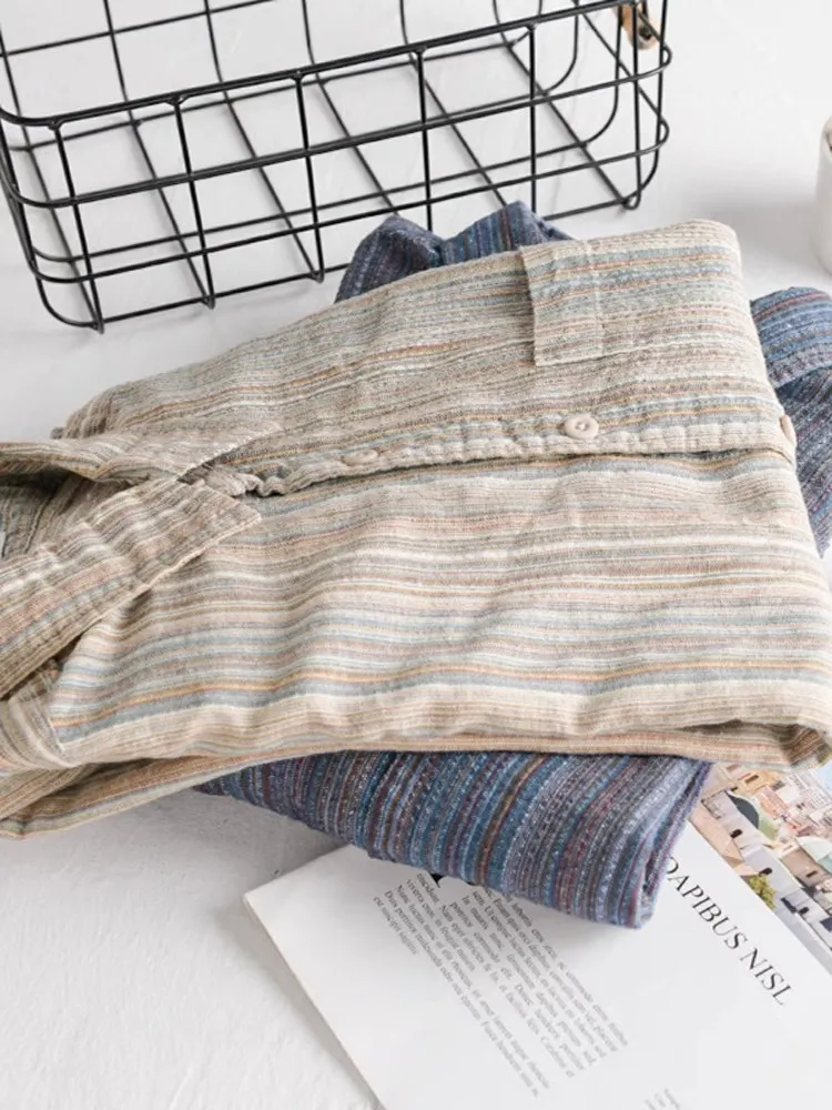 เสื้อเชิ้ตผู้ชายทรงหลวม แขนยาว สไตล์วินเทจ ลายทางญี่ปุ่น สีสันทันสมัย สำหรับฤดูใบไม้ร่วง แบรนด์ Tagkita สำหรับวัยรุ่น