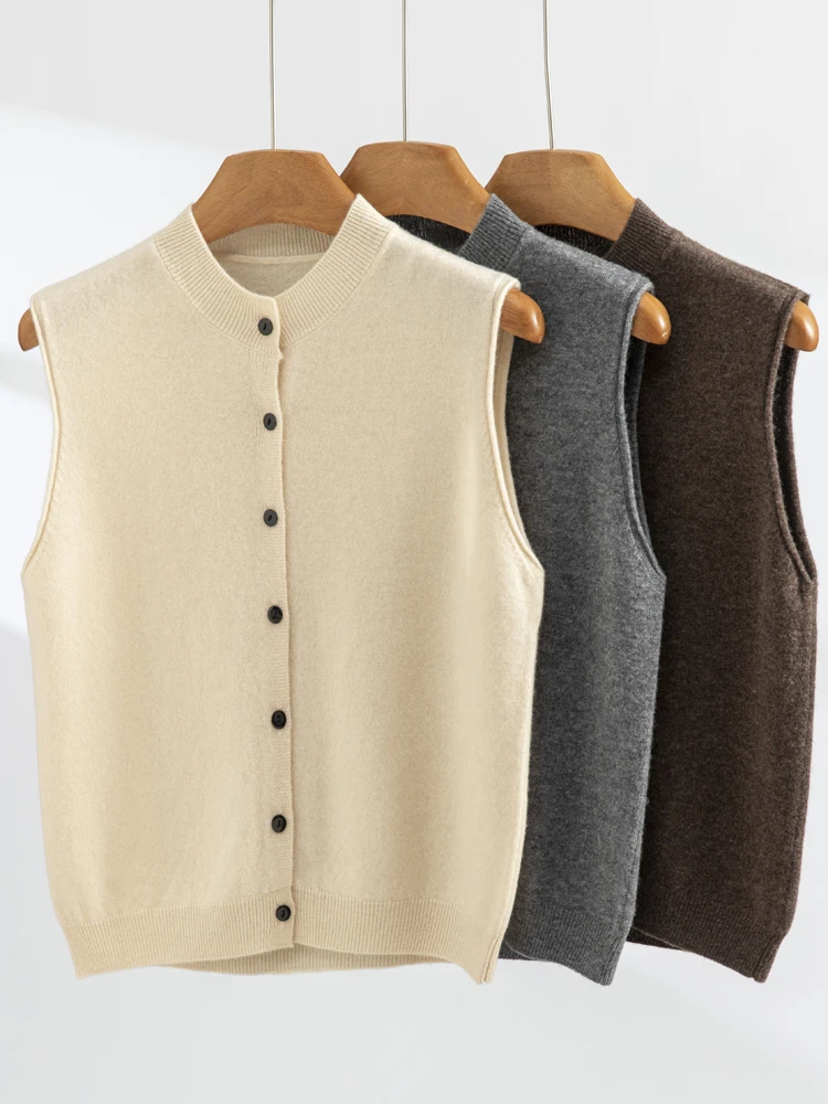 

2025 New Women Wool Vest O-neck Sleeveless Cardigan Soft Simple Style Cashmere Sweater 100% Merino Wool Knitwear Waistcoat Tops