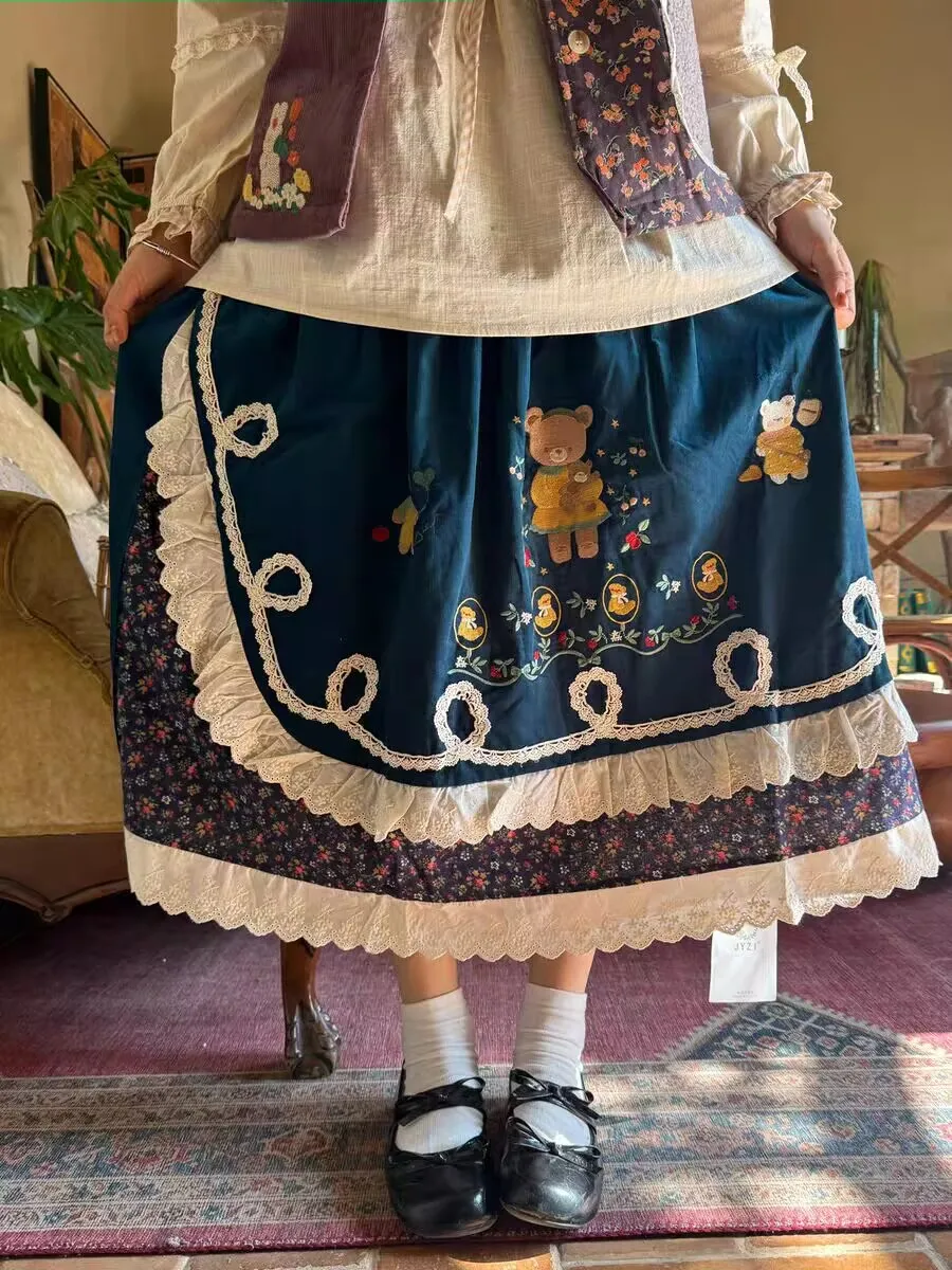 Winter Fleece Vintage Patchwork Cartoon Ruffled Lace Long Skirt Female Sweet Lolita Kawaii Retro Chic Korean Midi Skirt