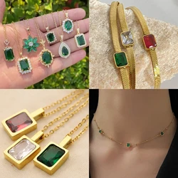 Green Zircon Square Droplet Flower Pendant Necklace For Women Metal Gold Plated Snake Chain Choker Clavicle Necklace Jewelry