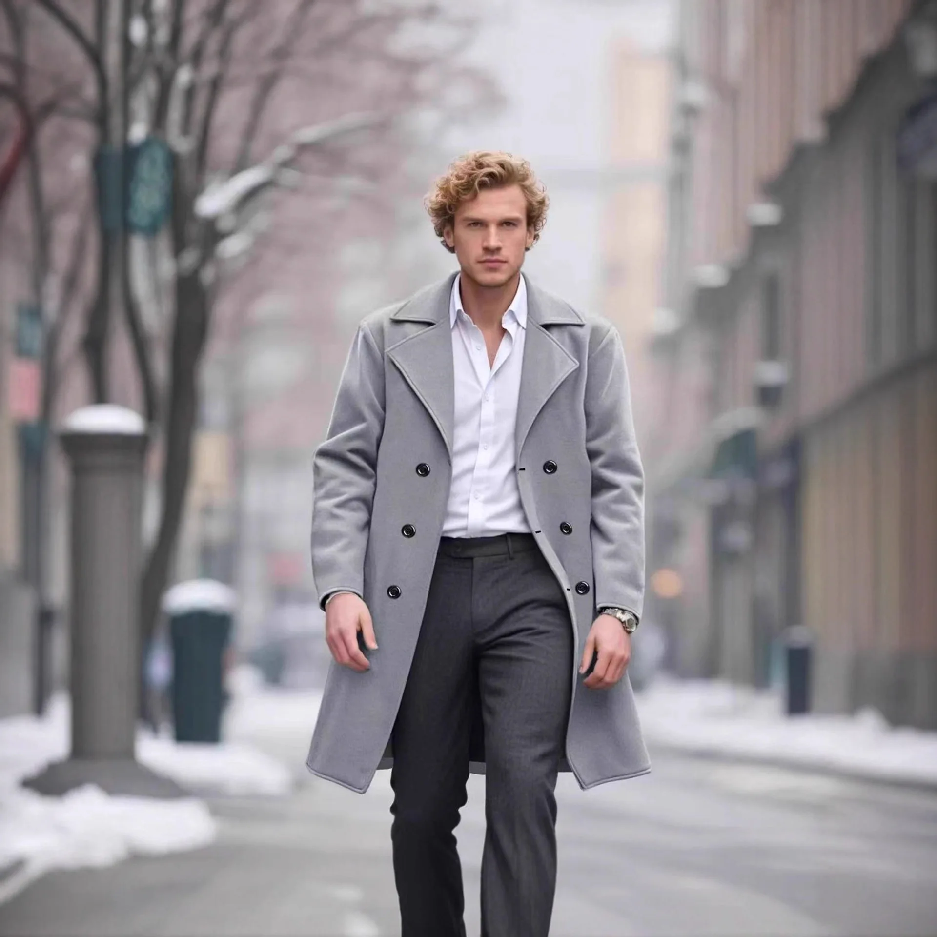 

Fashion Solid Color Long Woolen Double-breasted Trench Coat Classic Versatile Trench Coat