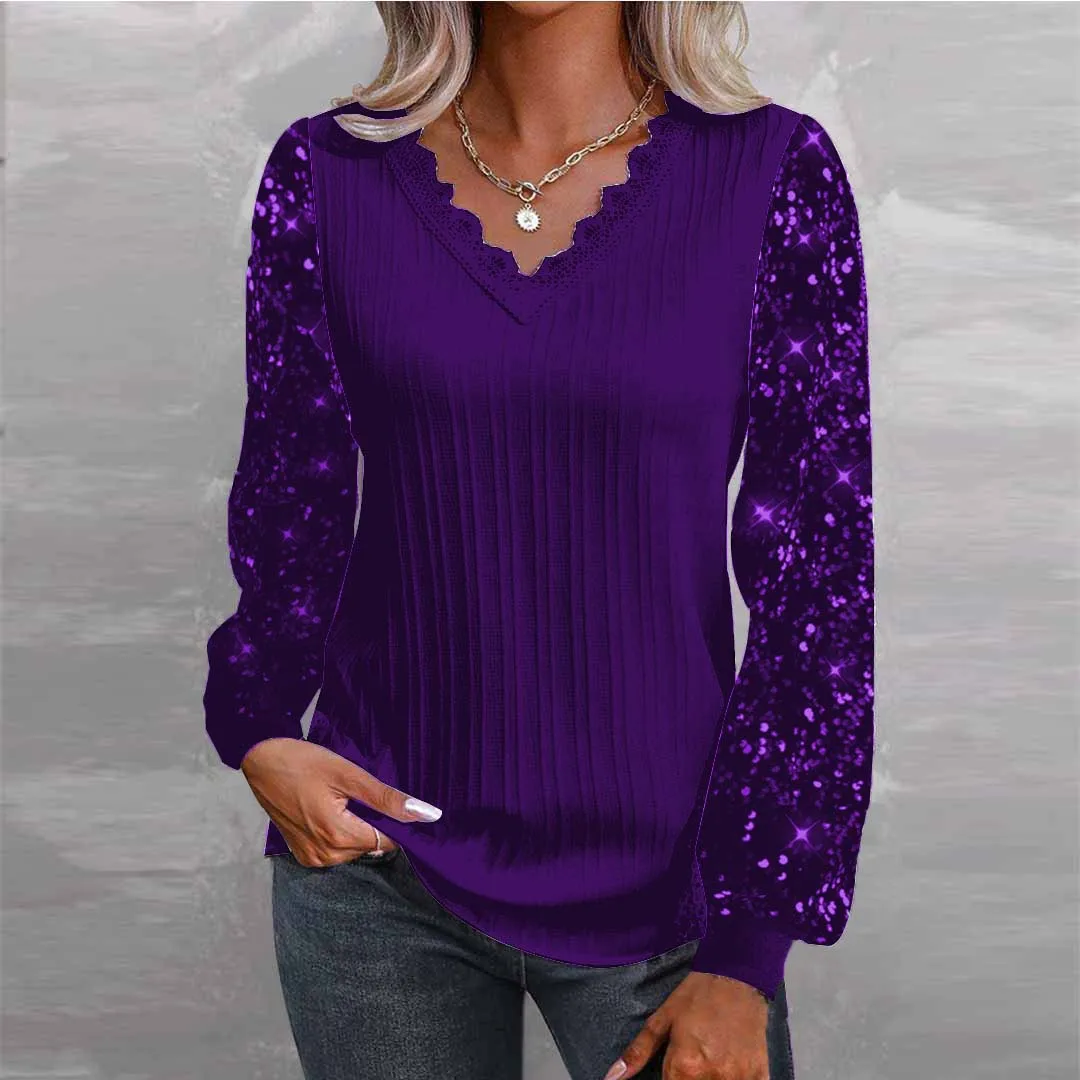 

Plus Size Women Long Sleeve V-neck Sequins Solid Lace Tops