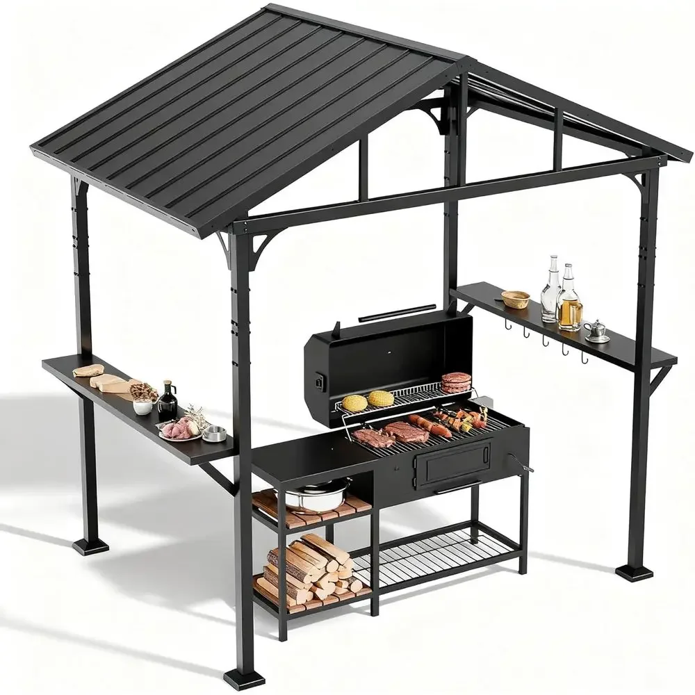 

8' x 5' Hardtop Grill Gazebo,Outdoor BBQ Shelter with 2 Side Shelves and 5 Side Hooks,Patio Pavilion with Galvanized Steel Roo o