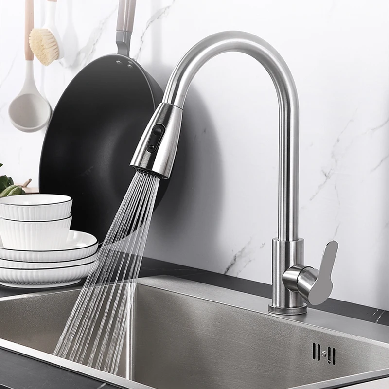 Pull-out Midnight Black Stainless Steel Kitchen Sink Faucet Single Hole Hot And Cold Water Mixer Deck Mounted Tap