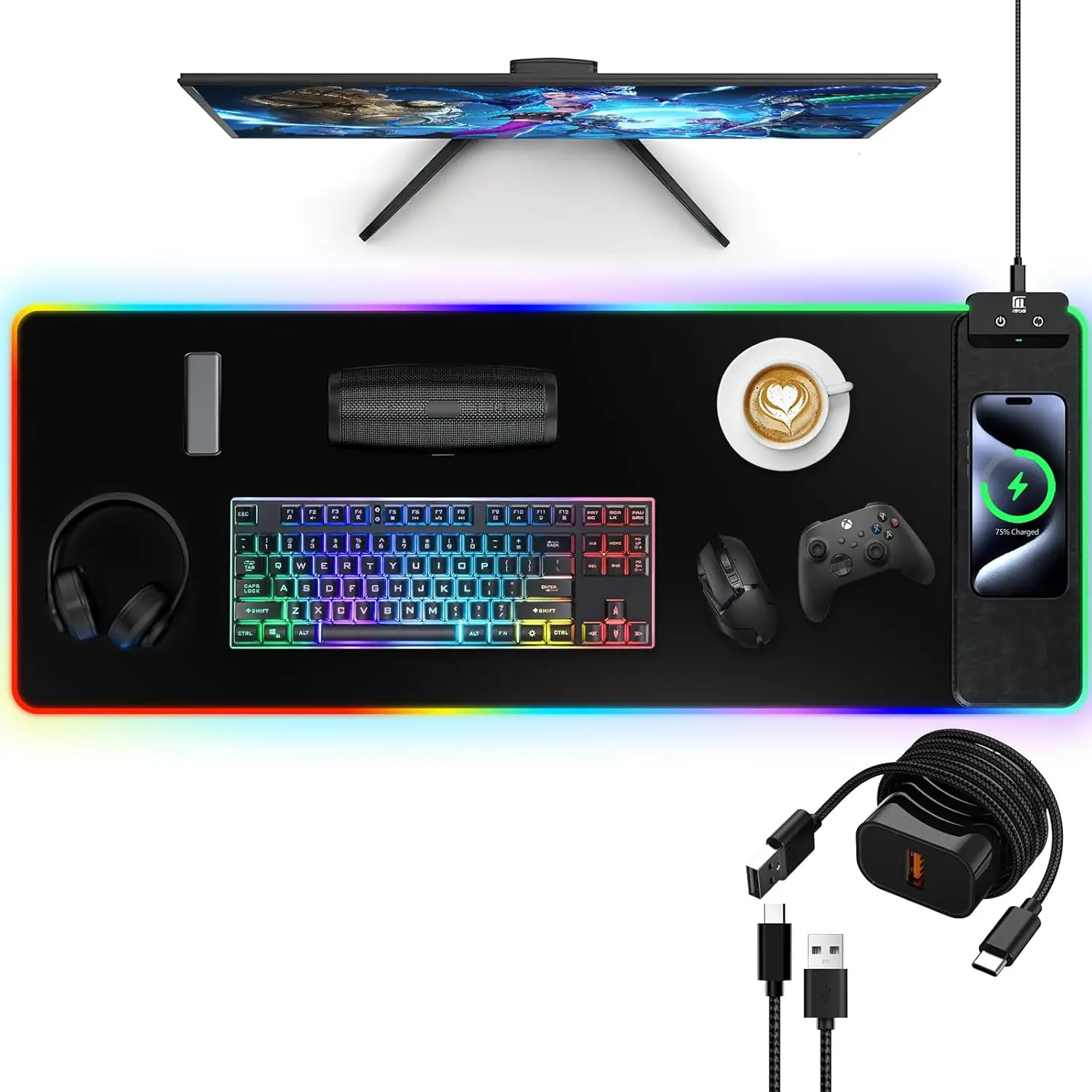 Mouse Pad with Wireless Charging, Large Desk Mat RGB Gaming Mousepad, 10 Light Colors LED Gaming Pad Keyboard Pad with