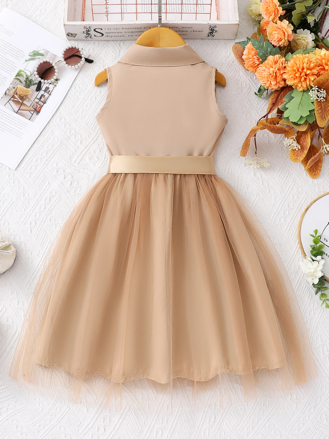 Girls' fashion dress, net color sleeveless lapel mesh dress with woven waistband