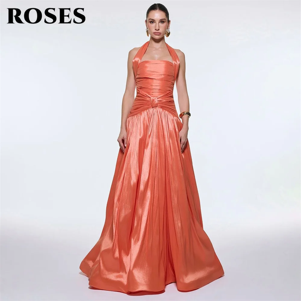 

ROSES Coral Orange Prom Dress Halter Celebrity Dress with Ruched Waist Women's Evening Dress Satin A Line Formal Gown Customized