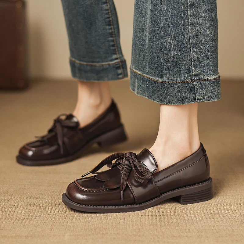 

Genuine Leather Women‘s Bow Lace Up Loafers 2026 New Round Toe Flat Tassel Deep Cut Versatile Fashion Flats