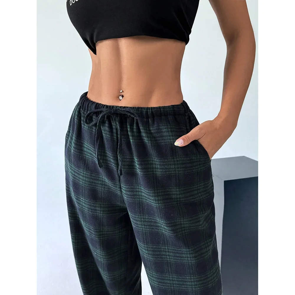 Amazon Europe Temu Independent Store Fashionable Casual Plaid Women's Pants Comfortable Loose-Fit Drawstring Trousers