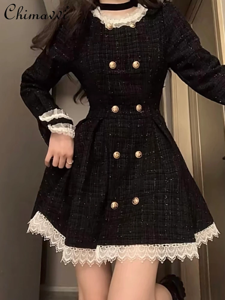 

Fashion Hepburn Style Elegant Women Slim Fit A-Line Dress Spring Sweet Cute Court Style Retro Ruffled Tweed Princess Short Dress