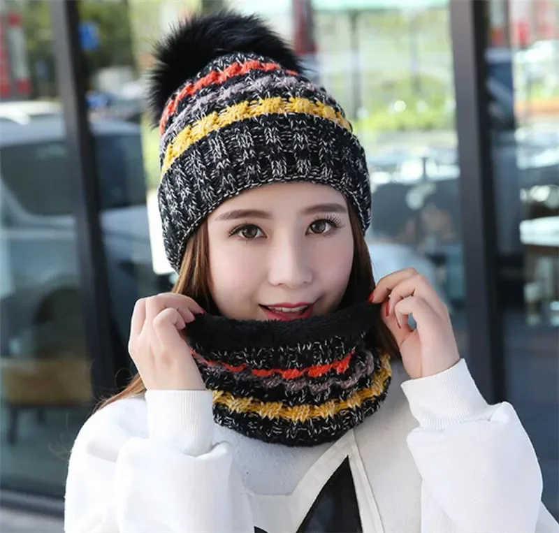 Mulheres inverno malha gorros chapéu cachecol conjunto para mulher meninas quente chapéu de pelúcia e anel cachecol feminino criança moda pom pom