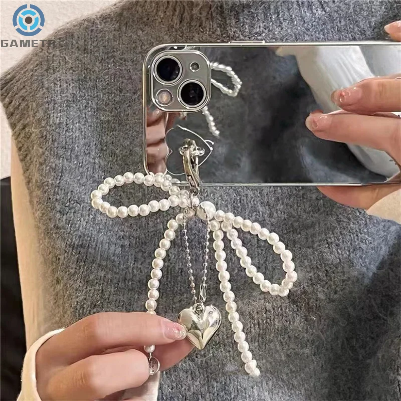 Ins Style Bowknot Pearl Beaded Key Chain Silver Love Phone Chain Headphone Case Pendant Lanyard Charms Bag Decor