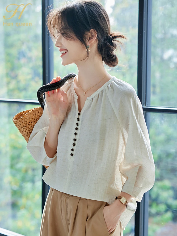 

H Han Queen Elegant Loose Office Blouse Female Shirt half Sleeve Casual Tops Summer Women Blouses Korean Woman Clothing 2025 New