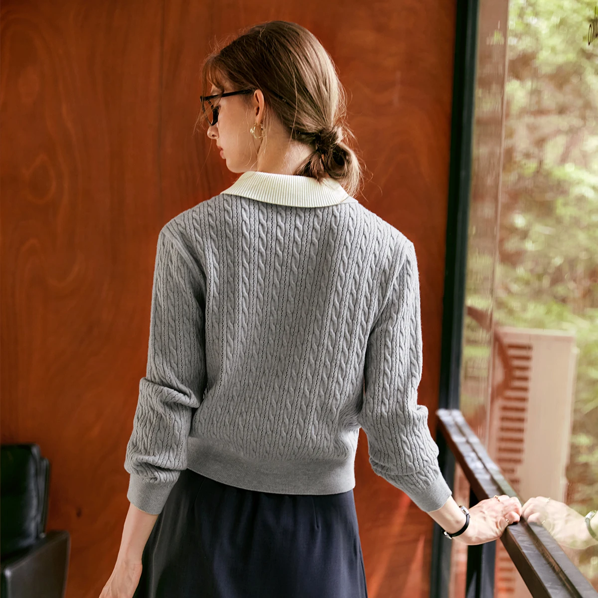 OLrain Maglione lavorato a maglia grigio francese Maglieria 2 in 1 da donna 2025 Maglione pullover a maniche lunghe lavorato a maglia con risvolto a contrasto N56QZ86501