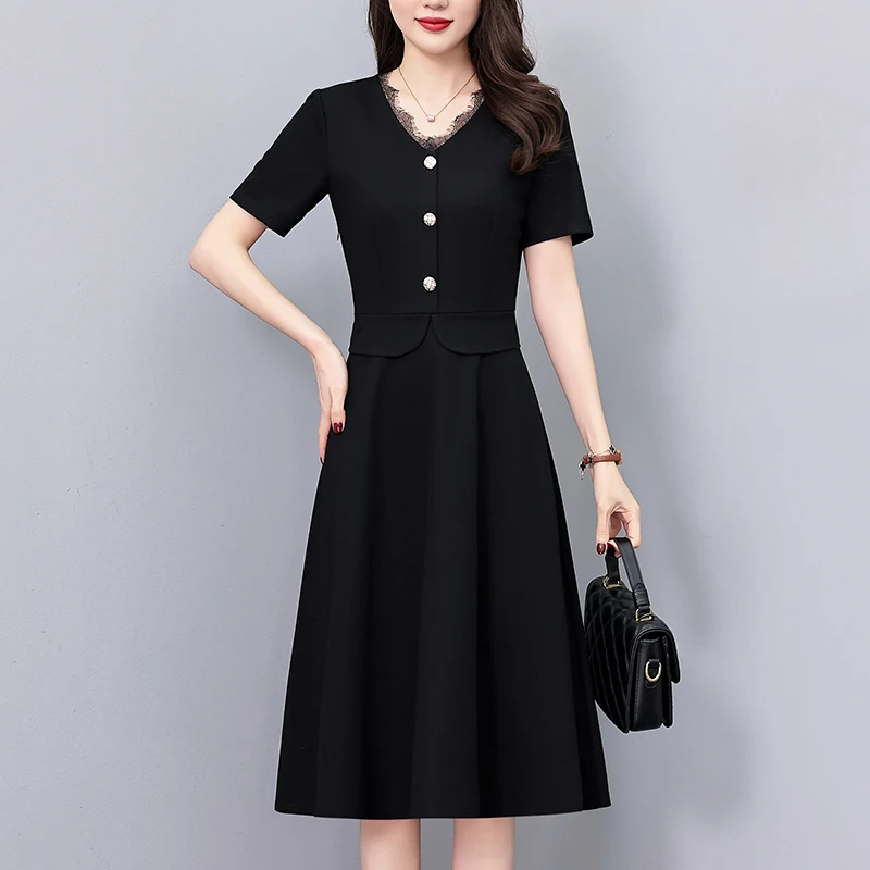 

High-End Little Black Dress Women's Summer Fashion 2026 New Style Hepburn Waist-Cinching A-Line Dress Cotton Polyester Blend