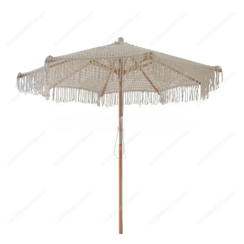 Bohemia Cotton Rope Parasols 2.5M Wooden Pole Handmade Tassels Woven Canopy Beach Umbrella With Macrame Fringe