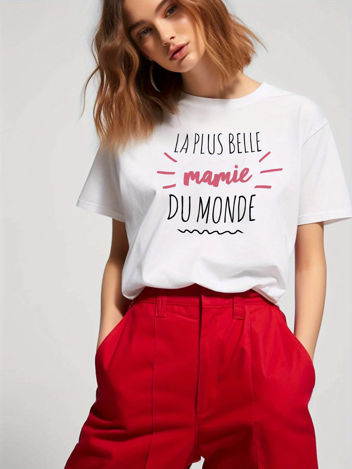 LA PLUS BELLE MAMIE DU MONDE Women's T-shirt White Casual Short Sleeve Round Neck Top Letter Printed Women's T-shirt