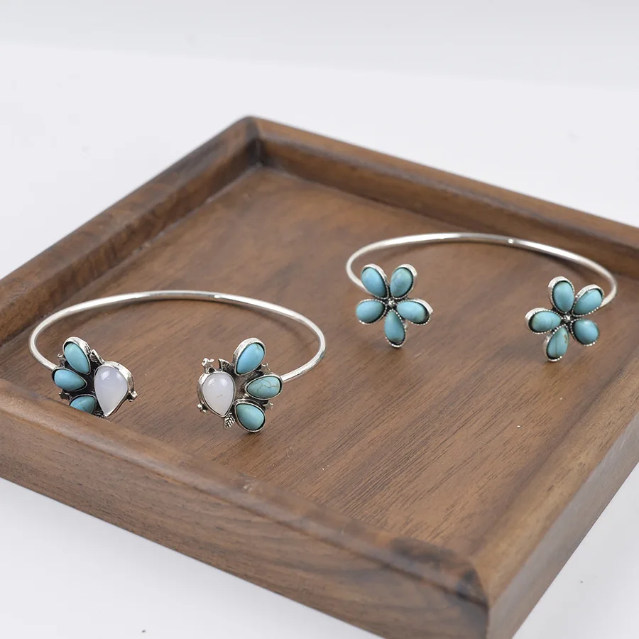 New Bohemian flower inlaid turquoise open bracelet women's light luxury high-end hand jewelry