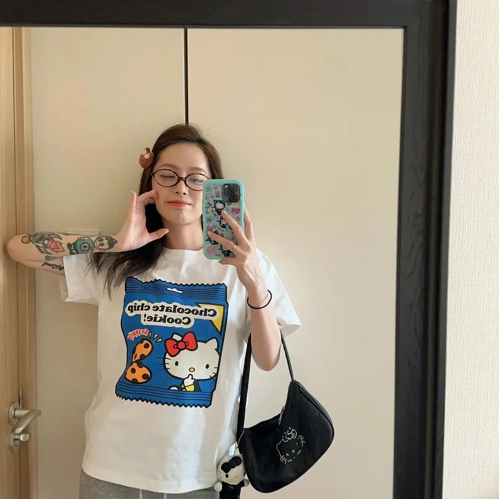 

Kawaii HelloKitty мультфильм милая летняя женская футболка из чистого хлопка с короткими рукавами и круглым вырезом универсальный модный топ для пар