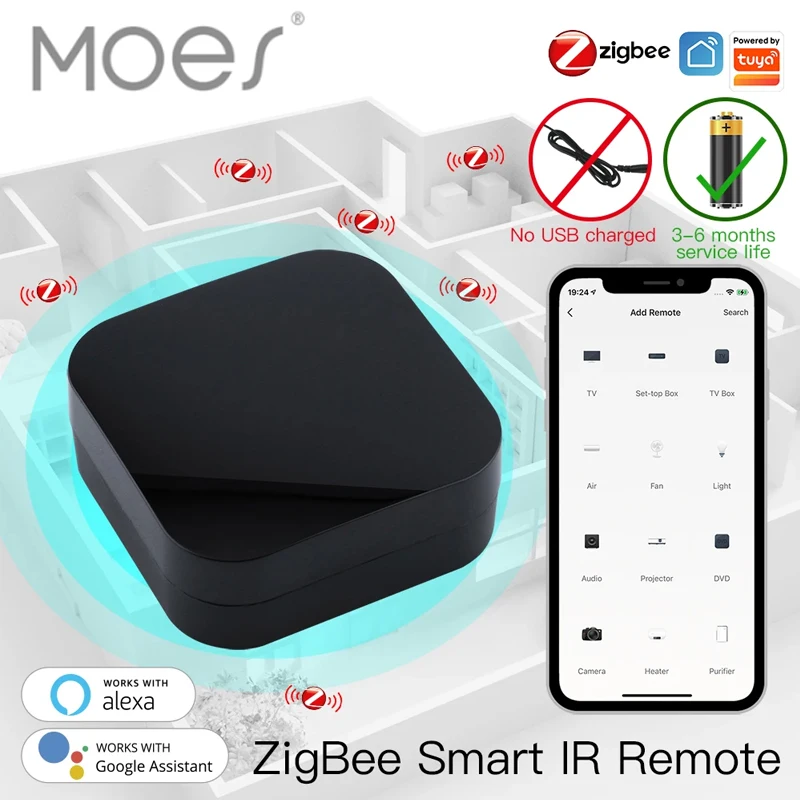 MOES Tuya Zigbee3.0 slimme IR-afstandsbediening voor airconditioning TV Universele infraroodafstandsbediening Werkt met Alexa, Google Home