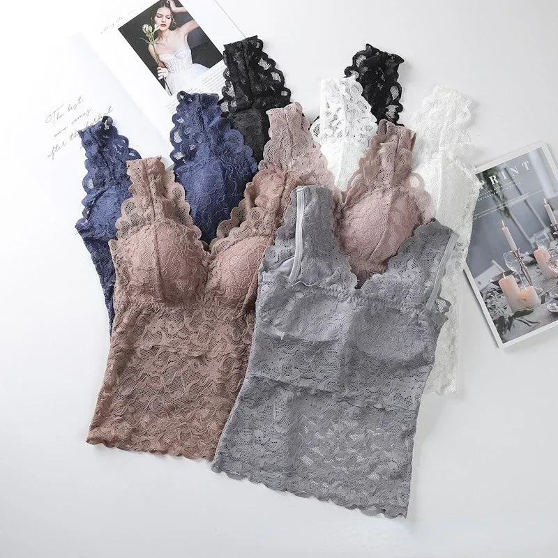 Soutien-gorge en dentelle sexy sans couture pour femme, haut court, bralette douce et confortable, caraco rembourré push-up, beauté du dos, précieux, été