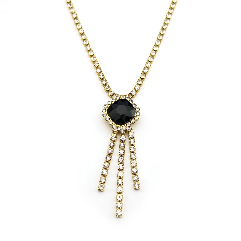 

Black Geometric Clear Rhinestones Tassel Pendant Necklace For Women Stainless Steel Gold Color Y Shape Choker Chain Jewelry