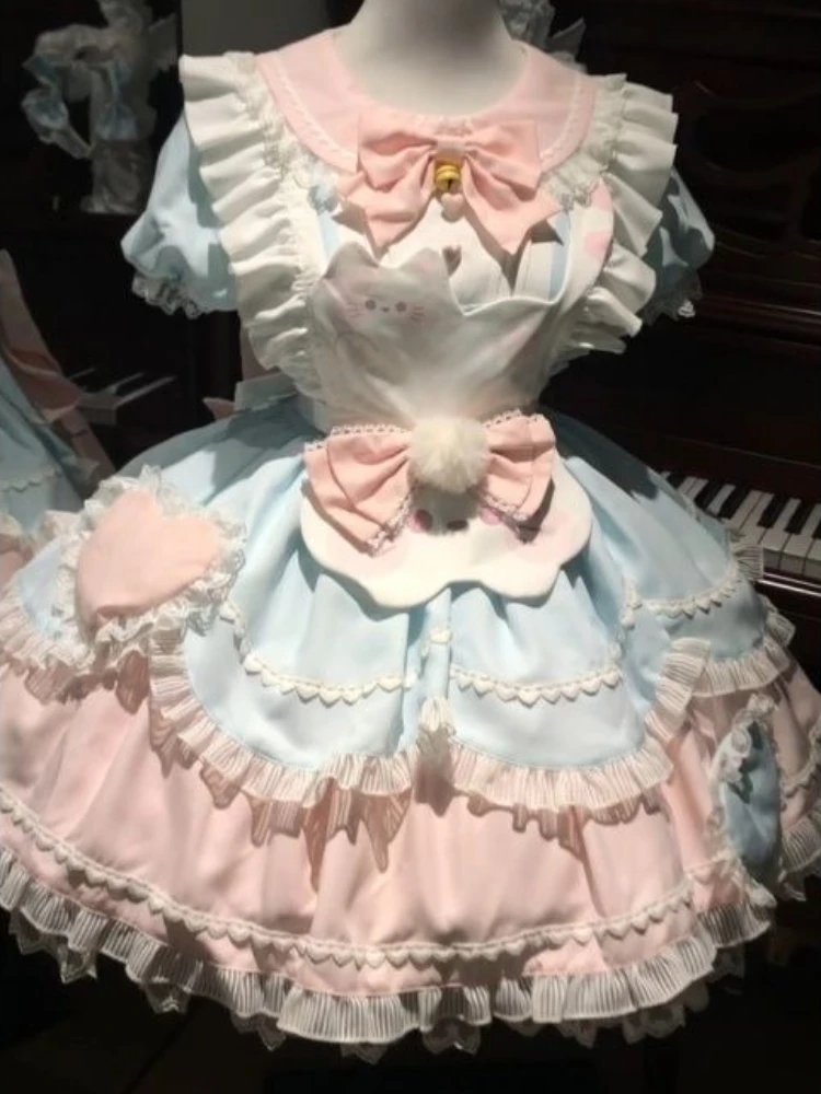 2025 ฤดูร้อนน่ารักLolitaลูกไม้แมวชุดผู้หญิงBow Suspenderผ้ากันเปื้อนPatchworkชุดเจ้าหญิงหวานญี่ปุ่นใหม่ 2 ชิ้นชุด