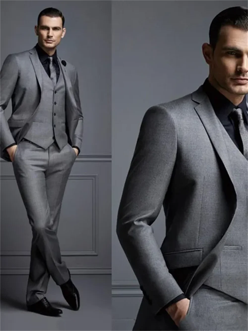 3 pieces Dark Grey Mens Suit New Fashion Groom Suit Wedding Suits For Men Slim Fit Groom Tuxedos For Man ( Blazer+vest+pants)