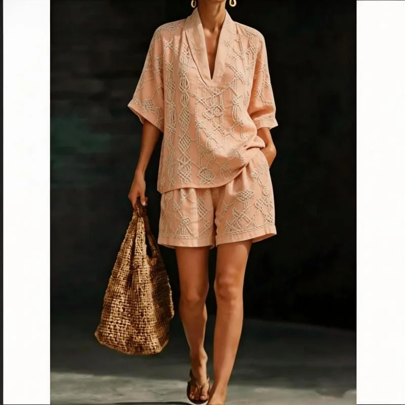 

2 Pieces Set For Woman Fashion Casual Printed Two Piece Set Summer Style Sexy V Neck Short Sleeves Tops And Shorts 2 Sets