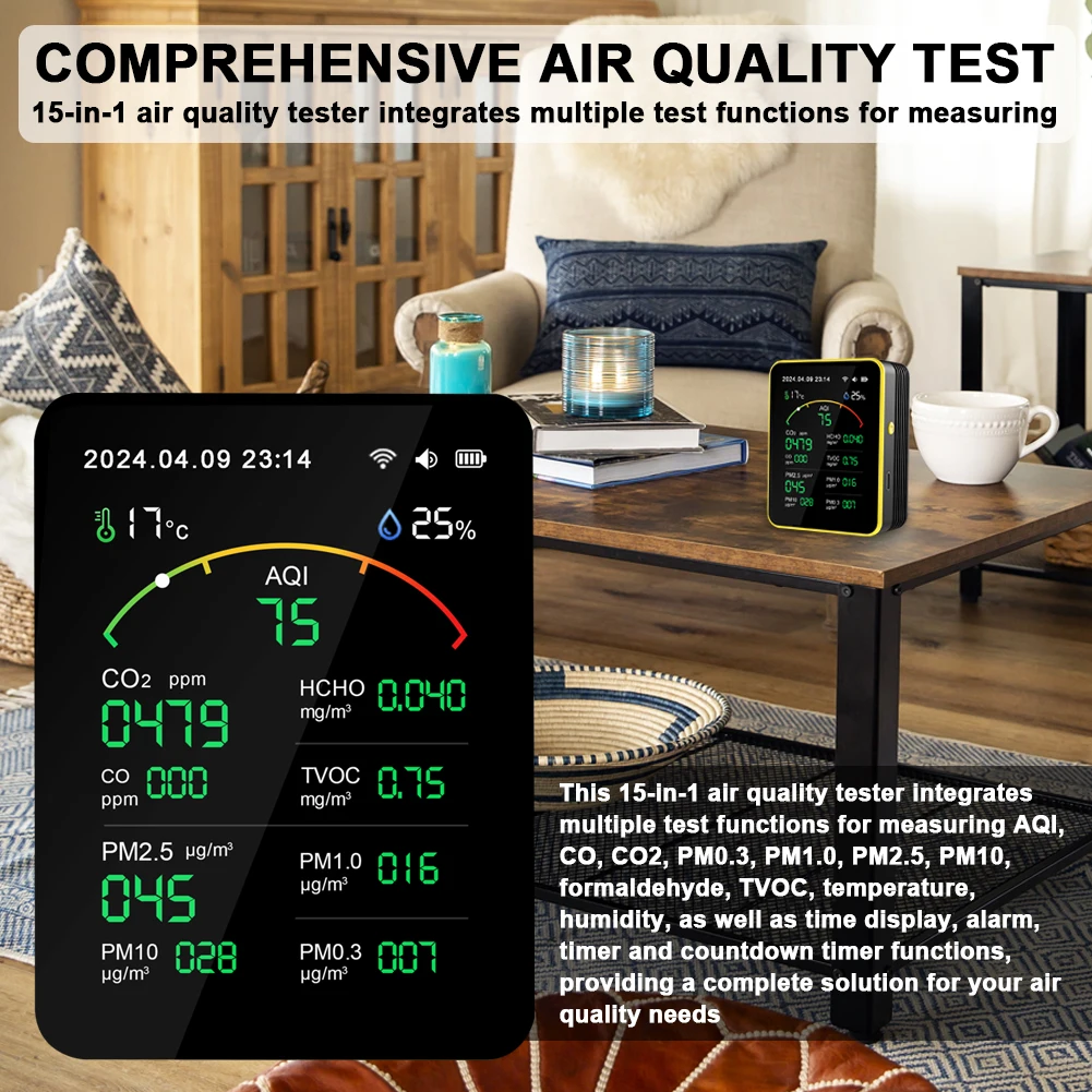 15in1 Tuya WiFi Air Quality Detector Household Portable AQI PM0.3 PM1.0 PM2.5 PM10 CO CO2 TVOC HCHO Tester Time Clock Timer