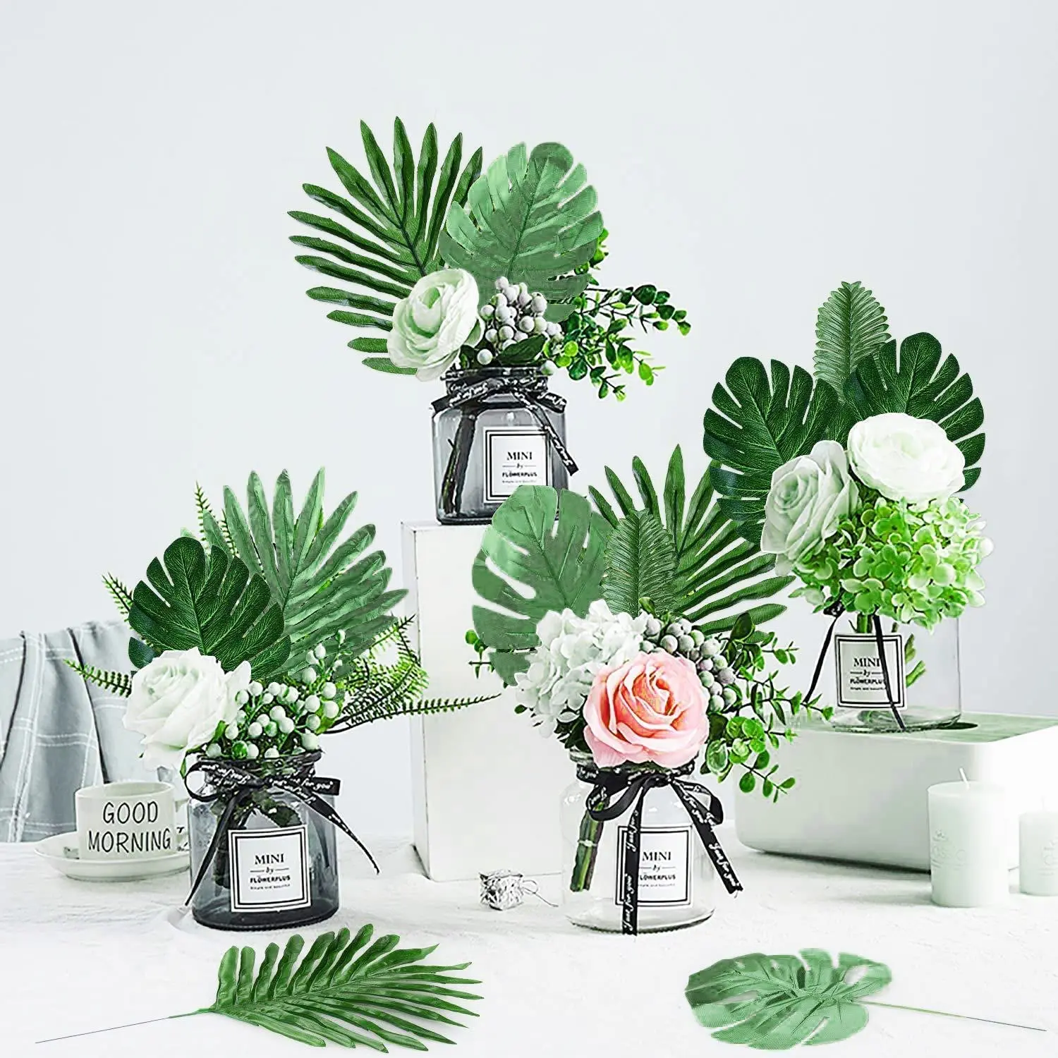 Yannew Künstliche Monstera Tropische große Palmblätter für Dschungel-Safari-Geburtstagsparty-Dekoration Hawaii Luau Mottoparty-Pflanzen – Detail 9