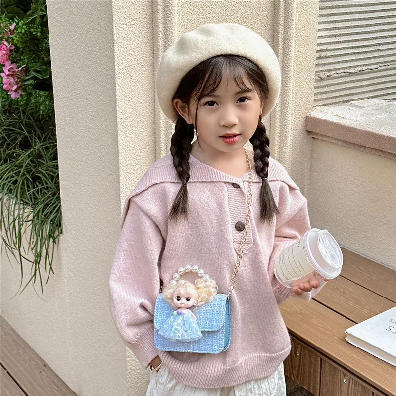 Cartoon Cute Children's Small Shoulder Bag Princess Doll Girls Clutch Purse Handbags Fashion Little Kids Pearl Crossbody Bags