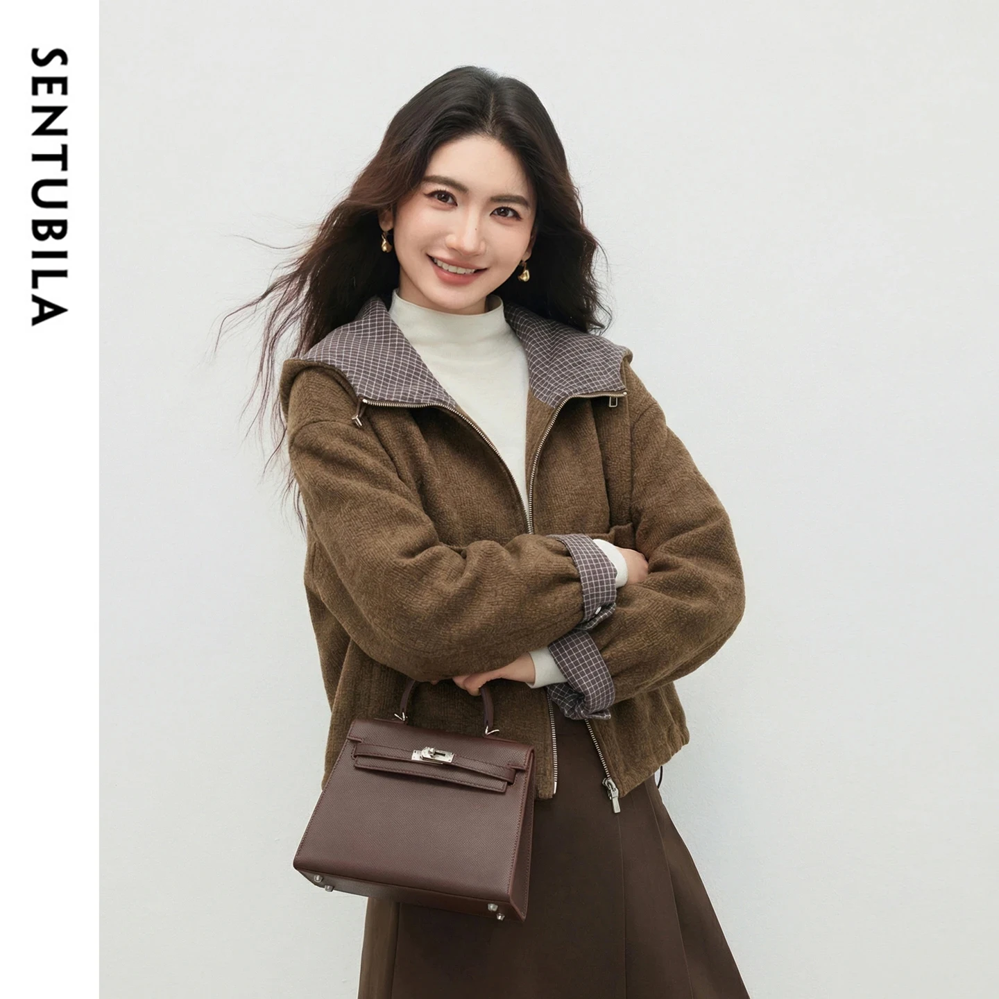 Parkas à capuche rétro SENTUBILA pour femmes 2025, manteaux en laine mélangée à carreaux contrastés, vêtements d'extérieur chauds d'hiver pour femmes W64MC6620