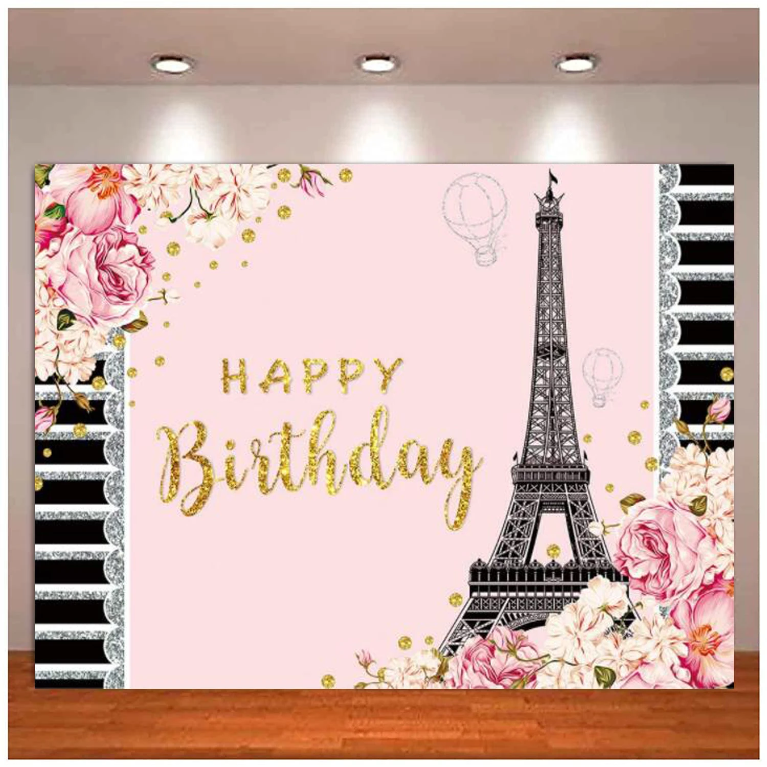 Photography Backdrop Eiffel Tower Parisian France Pink Flower Black White Stripes Teen Girl Decor Birthday Party Background