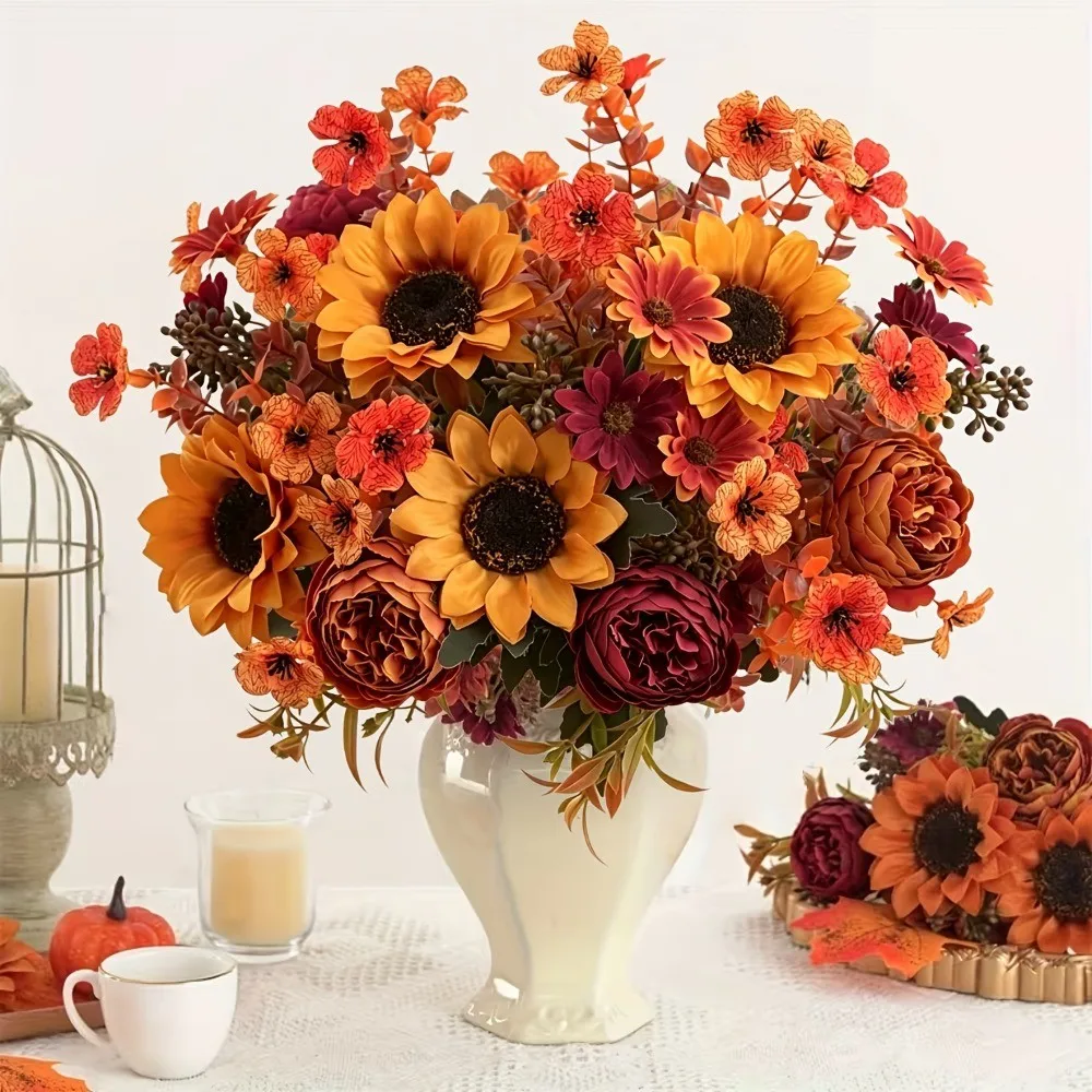 Artificial Autumn Sunflower Bouquet Silk Fake Peony Floral For Fall Thanksgiving Table Centerpiece Home Floral Arrangement Decor