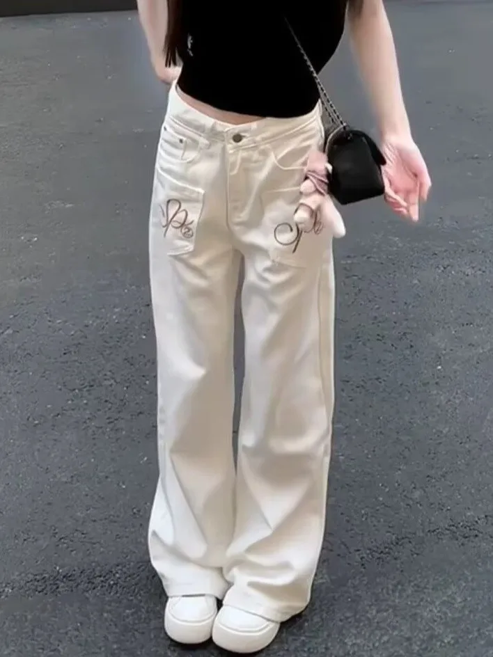 Retro American Embroidered Pocket Denim Jeans Men's Wide Leg Pants Autumn New Style Hip Hop Counterintuitive Wear Ladies Jeans