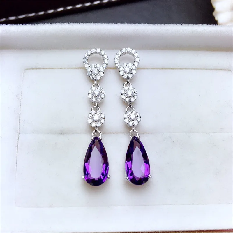 

New boutique amethyst earrings with socialite style copper inlaid with zirconium light luxury long women's accessories