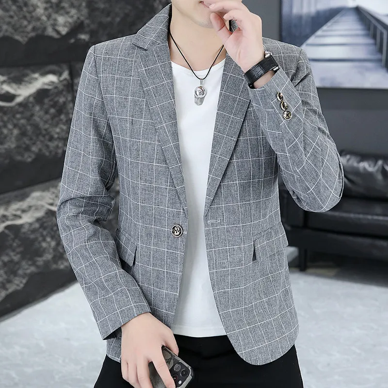 

Slim Fit Plaid Suit Jaet for Men Korean Sle Thin Casual Spring Autumn Student Faion Leisure West Coat Anti-Wrinkle Long...