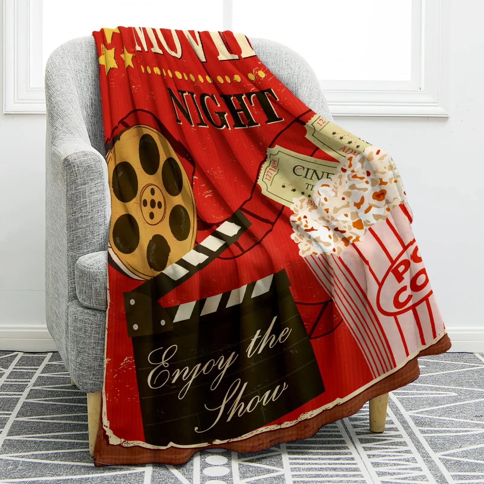 Movie Clapboard Blanket Print Throw Blanket Warm Lightweight Durable Cozy for Movie Lover Adult Gift for Bed Sofa Custom,Black