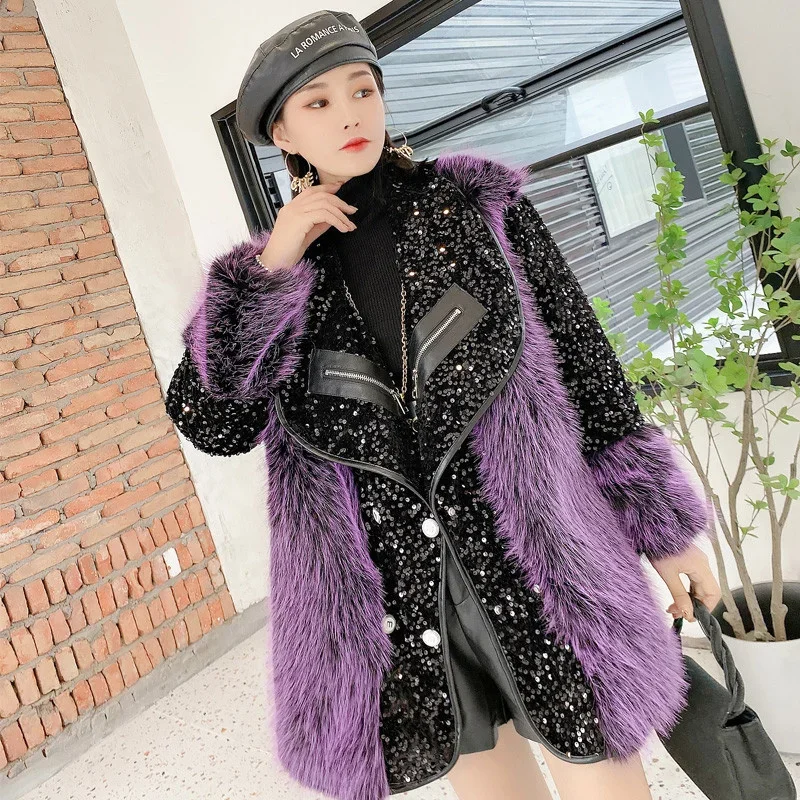 Fashion Sequin Stitching Imitation Rabbit Fur Coat Women Autumn Winter New Casual Loose Jacket Thick Warm Mid-length Outwear