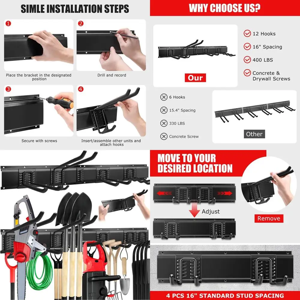 

64 Carbon Steel Garage Storage Rack with 12 Hooks for Tools, Brooms, Shovels, Rakes, Ladders, and Power Tools