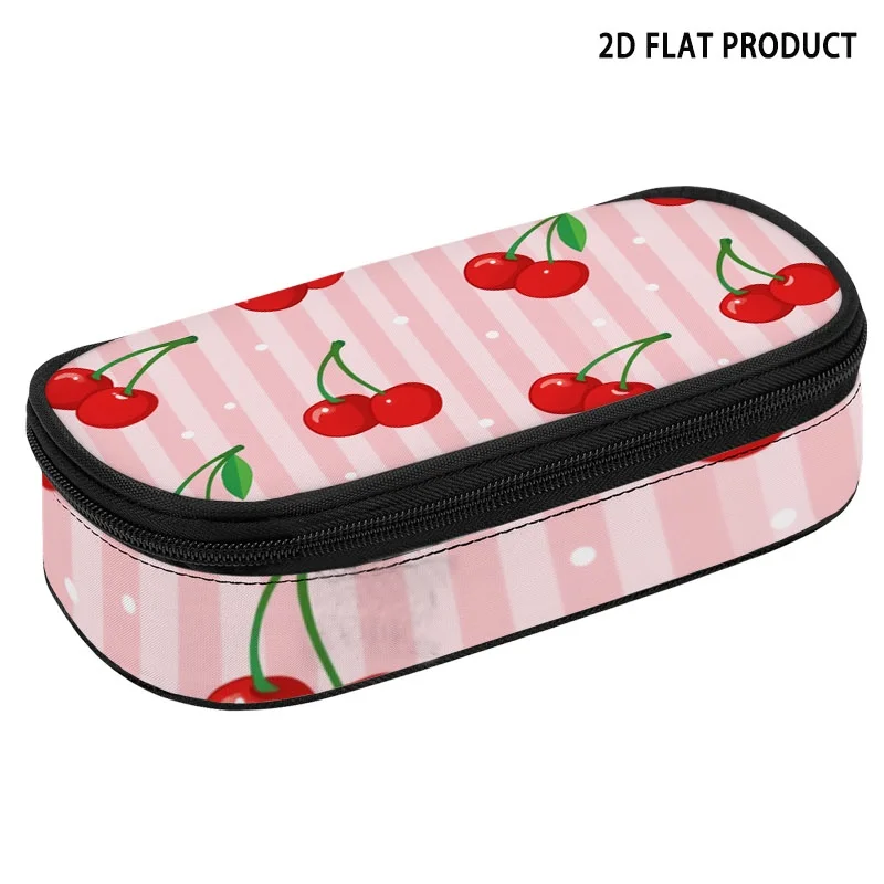 Vibrant Cartoon Red Cherry Print Pencil Case, Light Pink Vertical Striped Dotted Pattern Polyester Pencil Pouch with Zipper