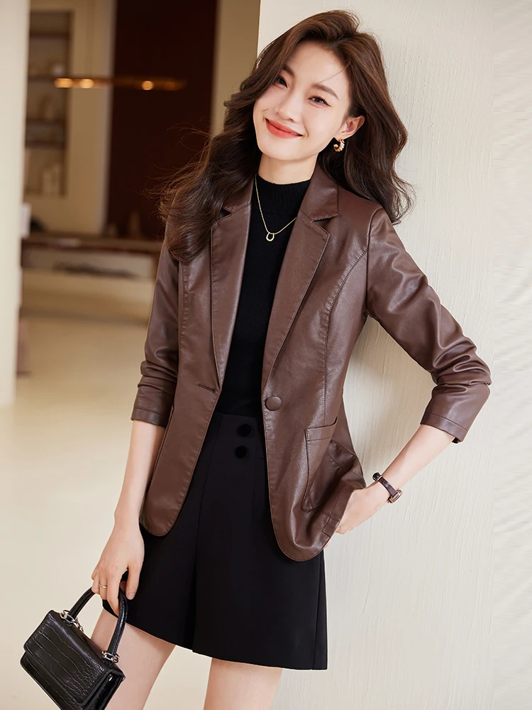 

Каремельный кожаный пиджак-костюм женский, модный, ретро, маленький размер, уличный стиль, весна-осень, новинка, приталенный пиджак