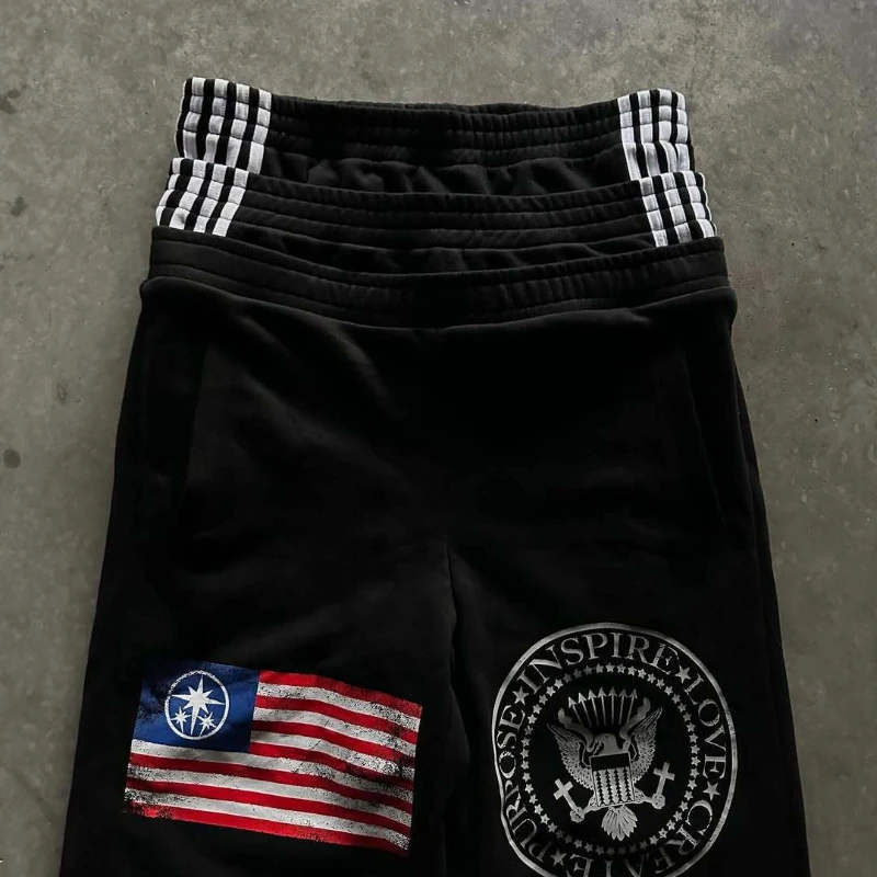 하이웨이스트 와이드 레그 팬츠 아메리칸 스타일 스트리트웨어 자수 패턴 남녀공용 멀티웨이스트 패셔너블 바지