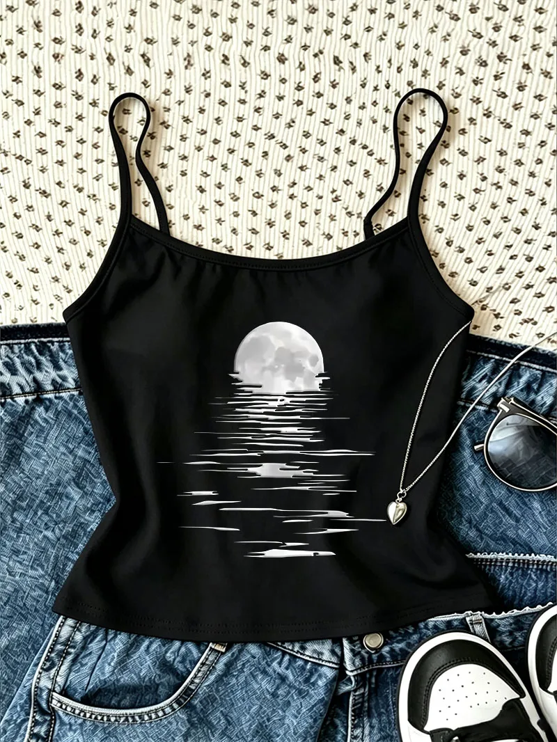 Y2k Camisole Top Retro Vintage Moon Print Casual Crop Top Grunge Vest Punk Spring Summer 90s Women'S Tank Top Clothes