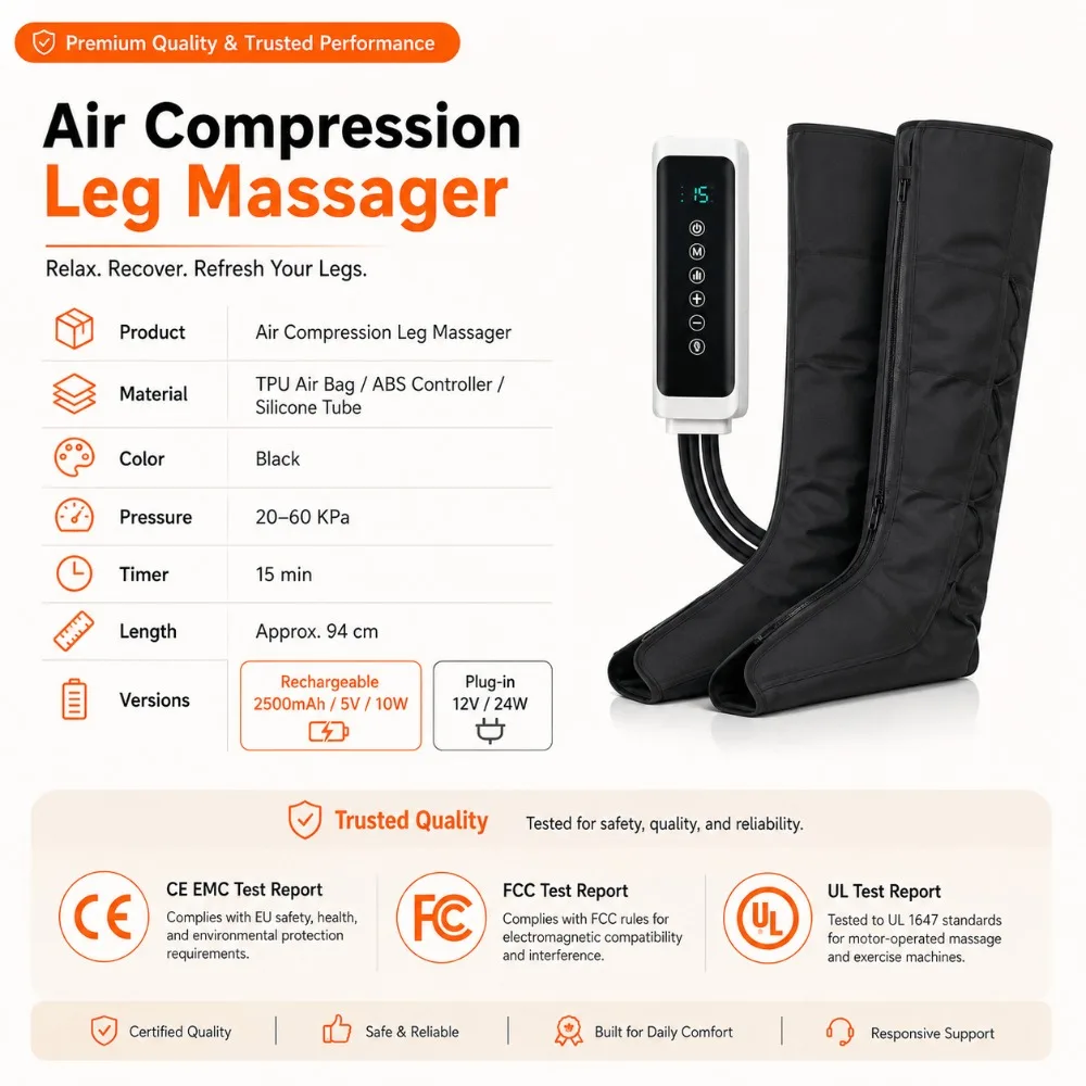 Air Compression Leg Massager, Pneumatic Massage Boots with Remote Control, 3 Intensities for Foot Calf Thigh Relaxation Home Use