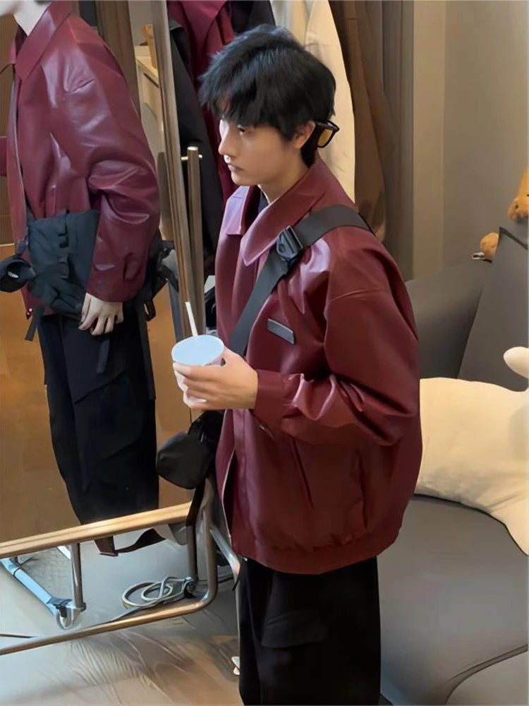 

Кожаная куртка-жакет для мужчин из Анголы, красная, для мотоциклистов, с отложным воротником, осенне-весенняя, модная, молодежная